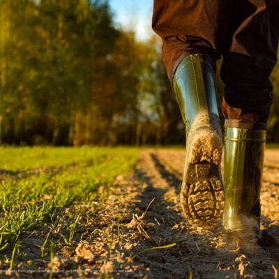 Close-up of a farmer's feet in rubber boots walking down a farmer field dust rising from shoes. Low angle. One part is sown, the second part is not sown.